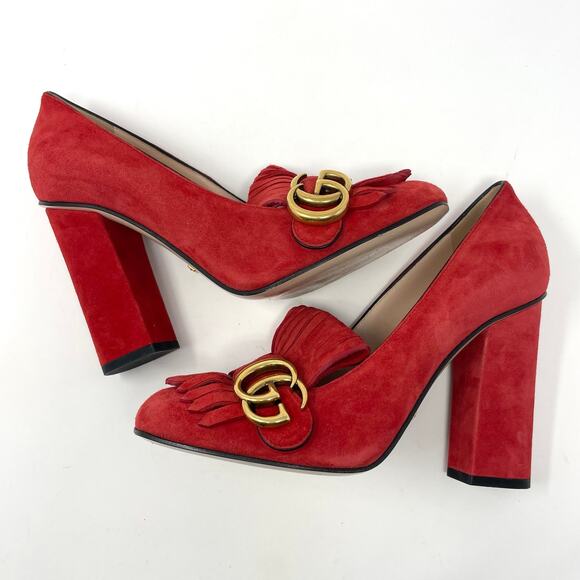 Gucci Marmont Interlocking GG Red Suede Leather Block Heel Fringe Pumps EU 37.5 - Picture 4 of 14